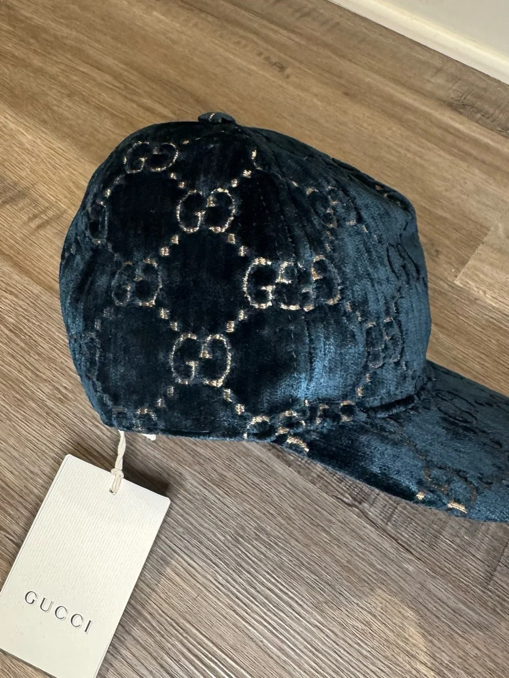 Gucci Double GG Logo Sapphire Blue Gold Velvet Baseball Cap Hat